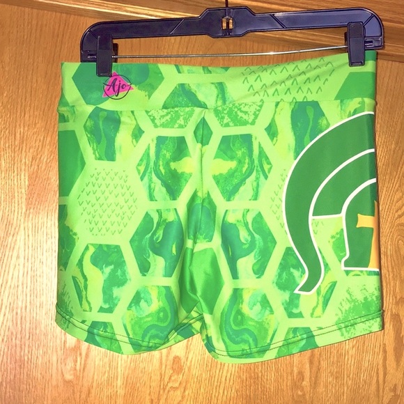 Ajo Dance studio workout Booty Shorts L x 4.25” bright green Trojan detail EUC - Picture 3 of 7